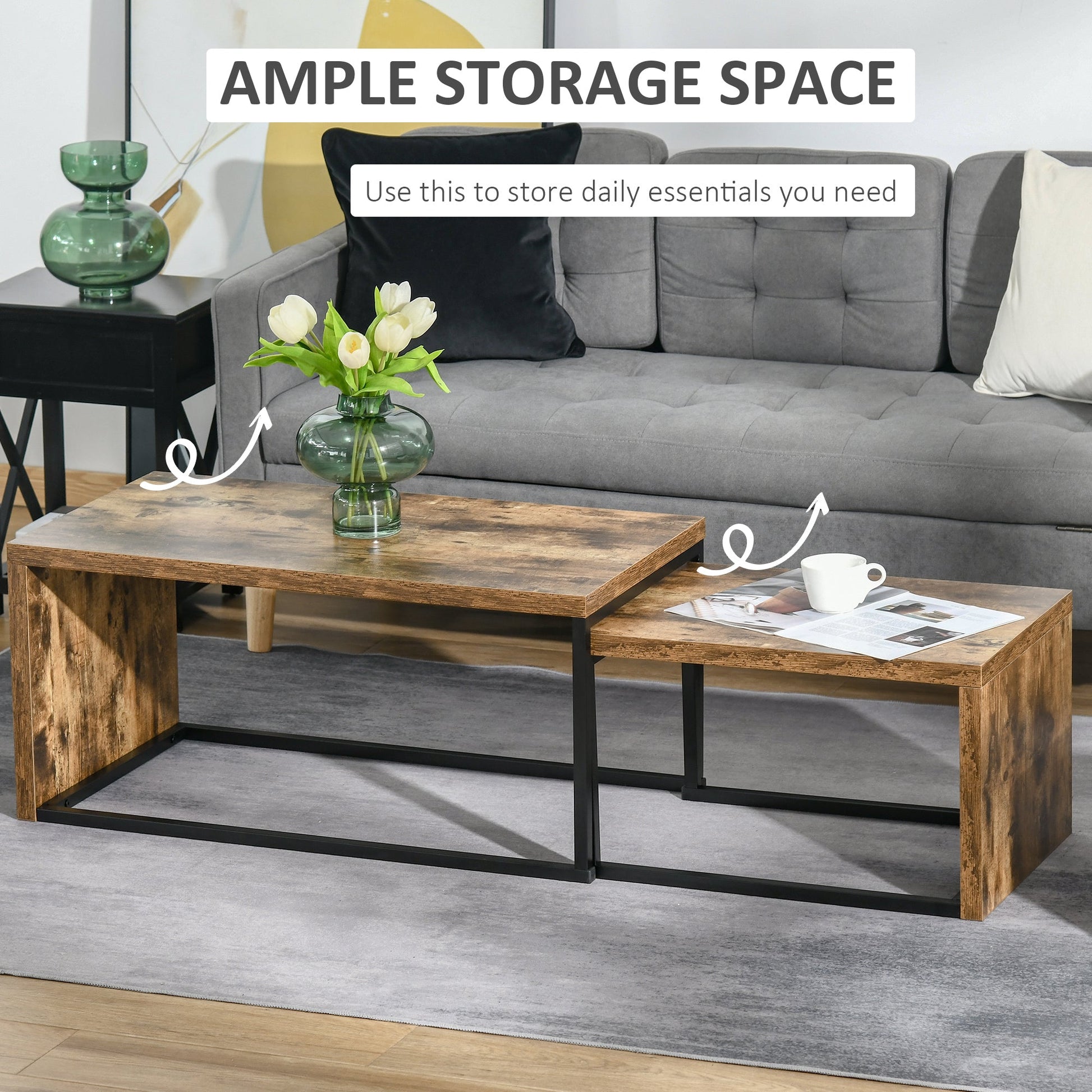 Set of 2 Coffee Tables Industrial Style Tea Table, Side Table w/ Metal Frame for Living Room Bedroom Black & Brown-3
