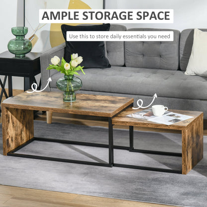 Set of 2 Coffee Tables Industrial Style Tea Table, Side Table w/ Metal Frame for Living Room Bedroom Black & Brown-3