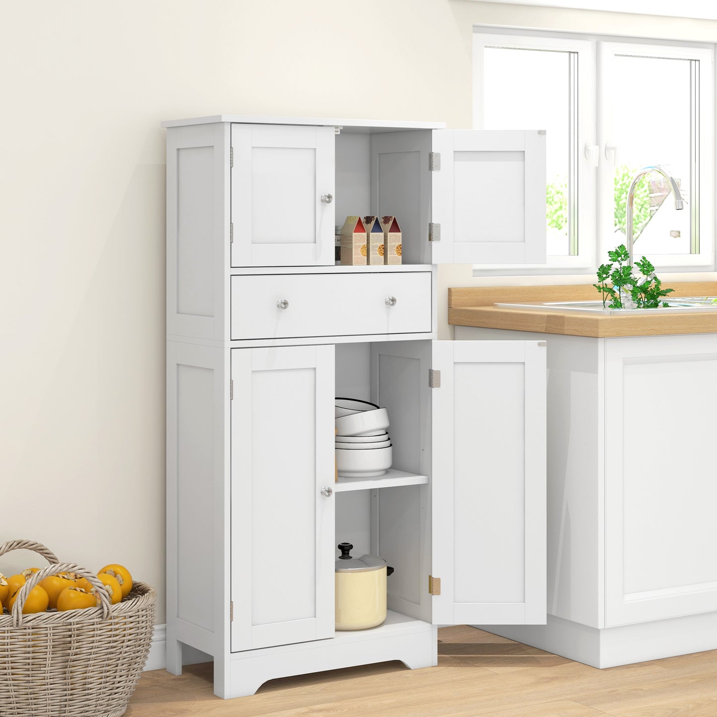 White Modern Kitchen Cupboard, Freestanding Kitchen Storage Cabinet with Doors and Shelves, Kitchen Cabinet with Drawer and Adjustable Shelf by HOMCOM-8