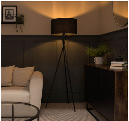 Camden Black Tripod Floor Lamp with XL Black Reni Shade - Elite Casa Furniture