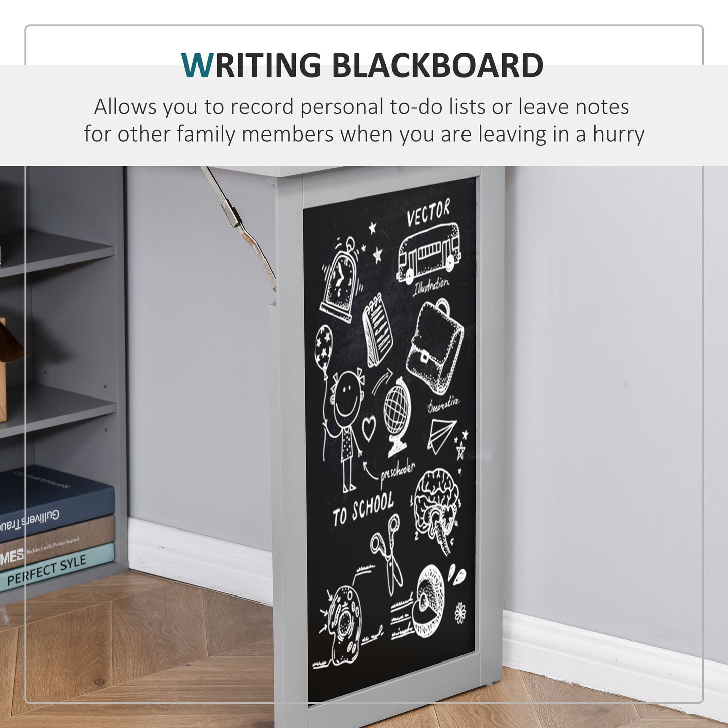 Folding Convertible Desk with Blackboard Multi-function Computer Office Workstation Side Shelf for Home Office, Grey-4