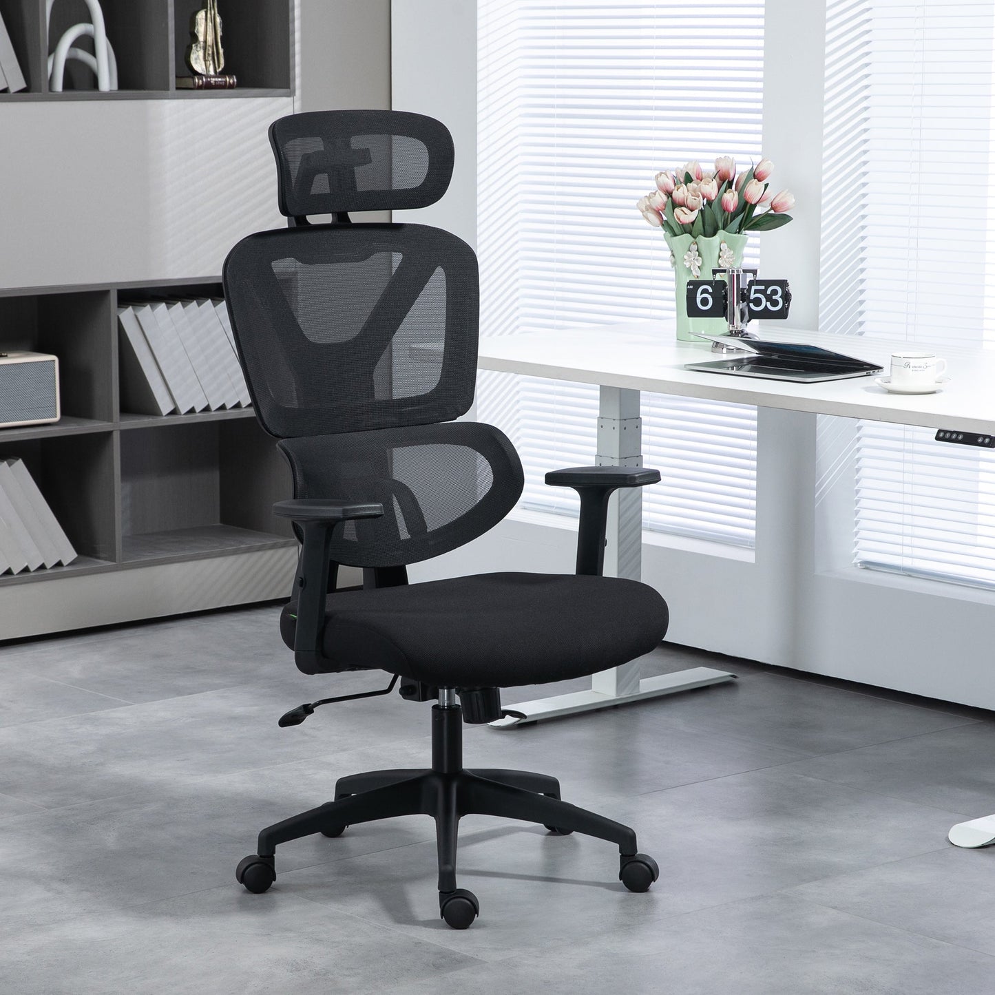 Mesh Office Chair, Height Adjustable Desk Chair with Lumbar Support, Swivel Wheels and Adjustable Headrest, Black-1