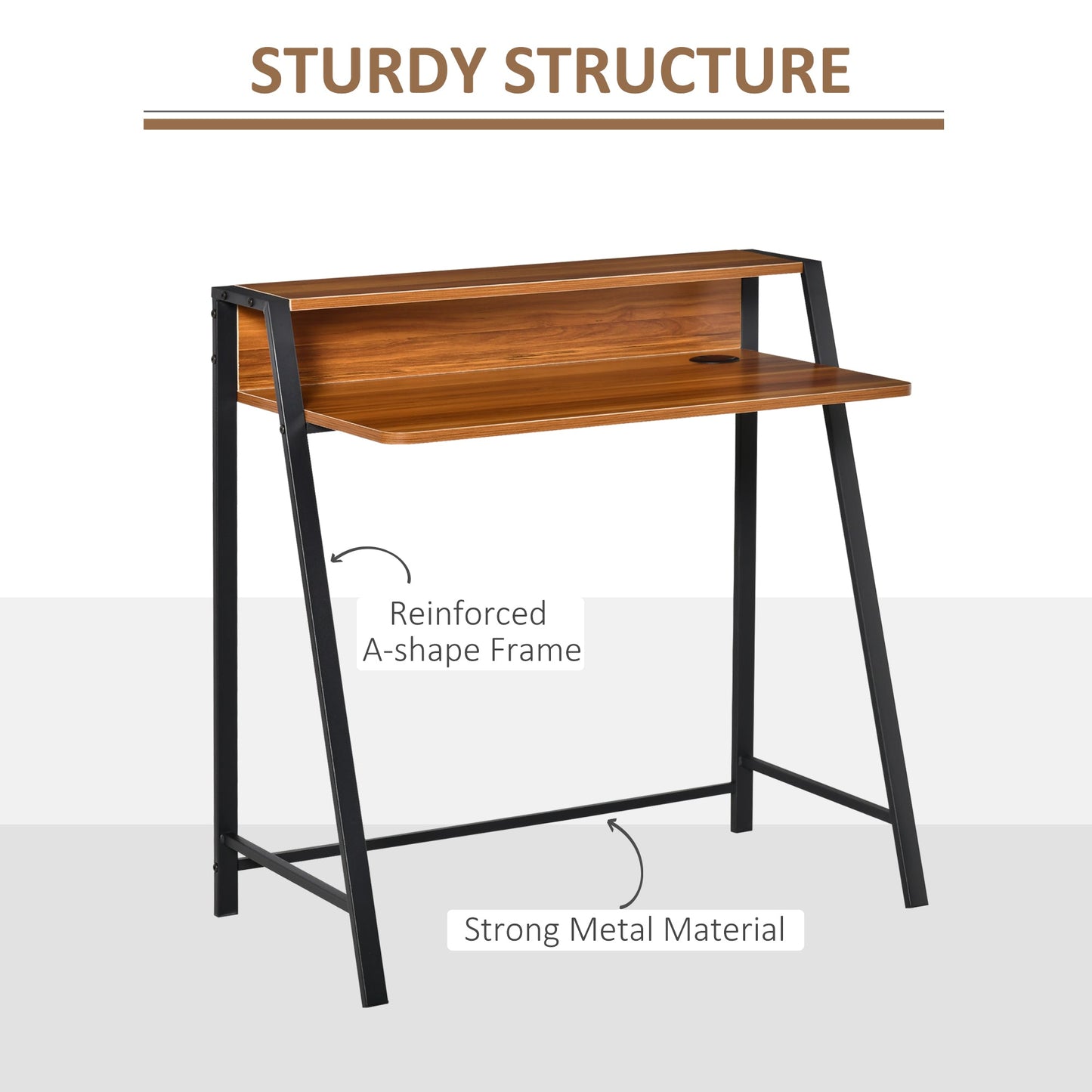 Two-Tier Computer Desk, Home Office Writing Study Table with Storage Shelf, PC Laptop Desk Gaming Workstation, Walnut-4