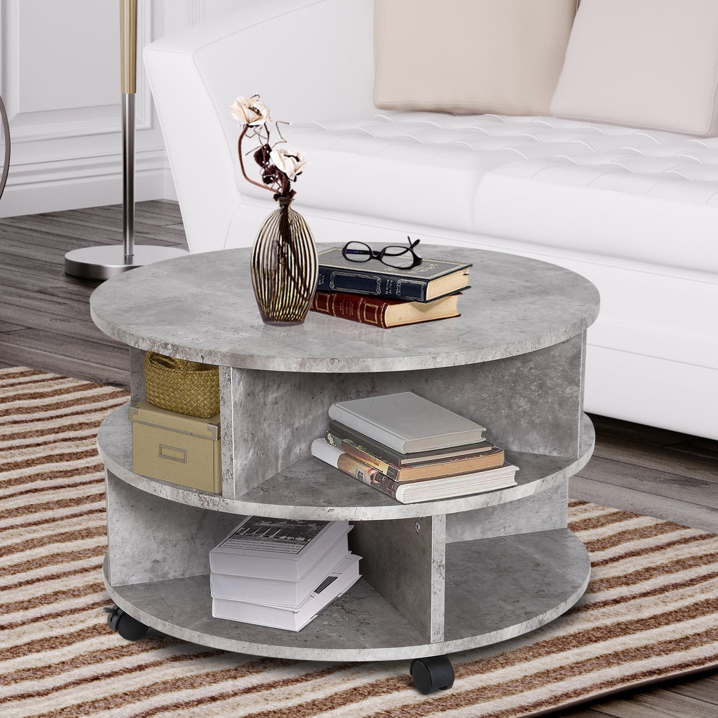 2 Tier Round Side End Table Coffee Desk with Divided Shelves Tea Table Storage Unit Living Room Organiser with Wheels - Cement colour-1