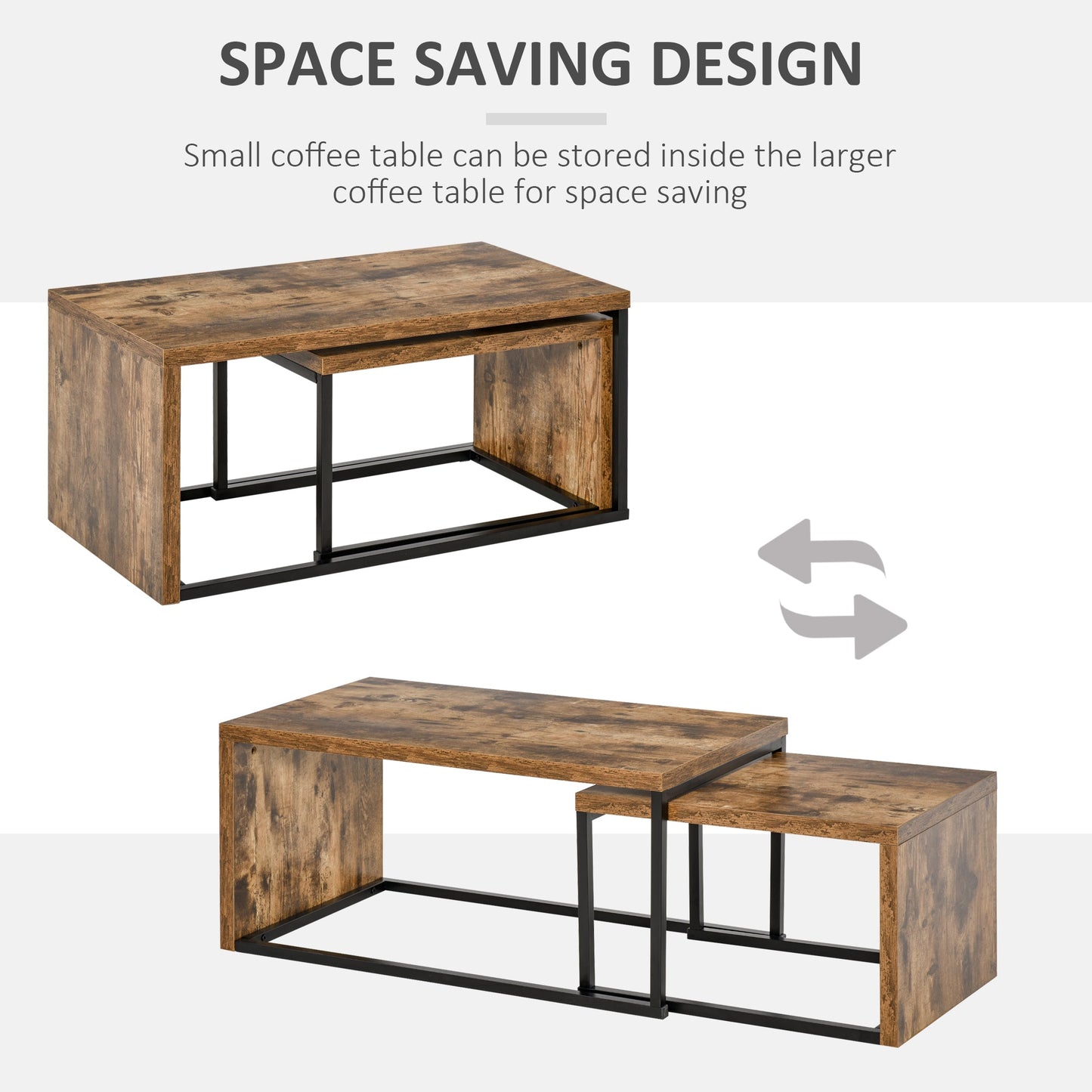Set of 2 Coffee Tables Industrial Style Tea Table, Side Table w/ Metal Frame for Living Room Bedroom Black & Brown-4