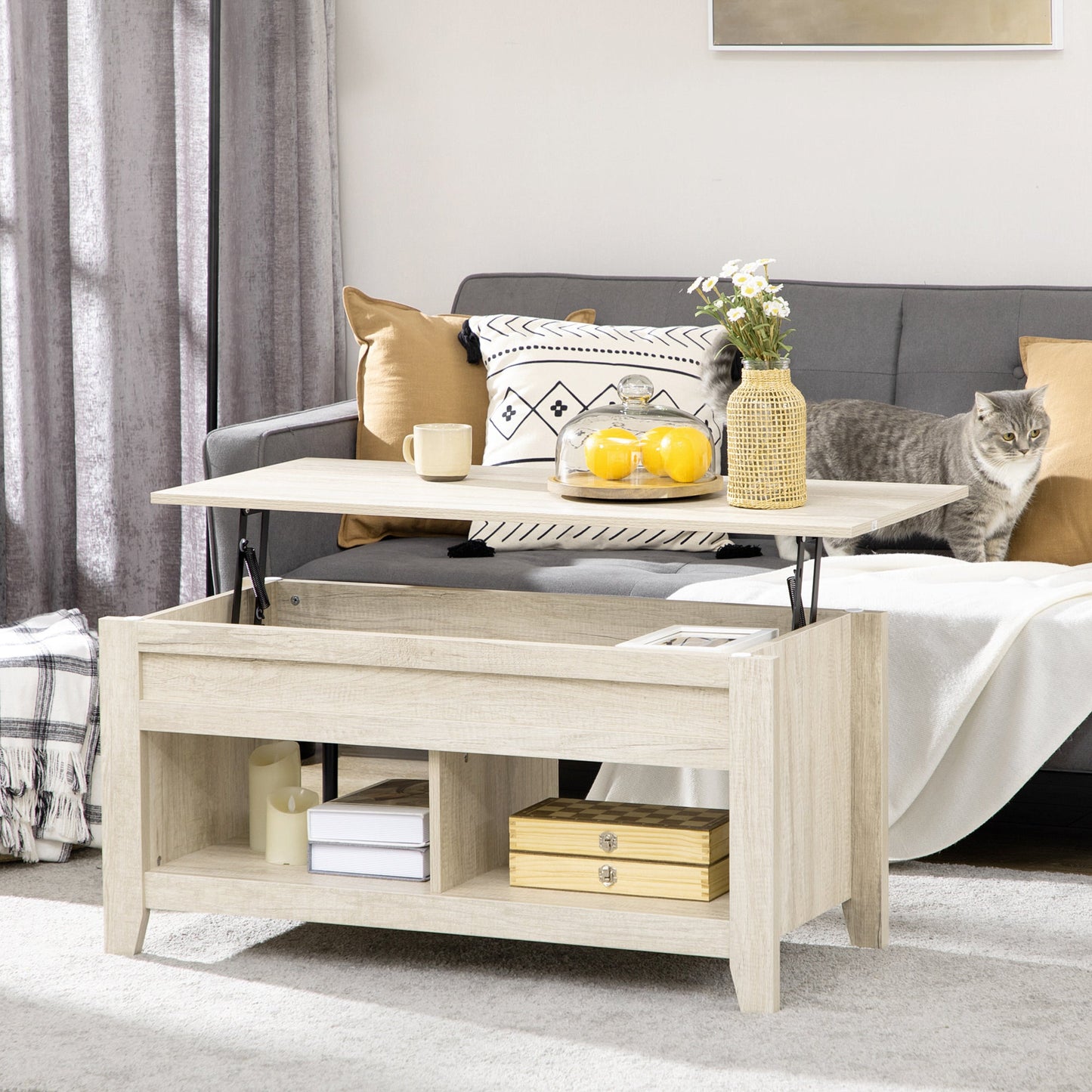Lift Top Coffee Table w/ Hidden Storage Compartment Open Shelves Lift Tabletop Pop Up Centre Table for Living Room Oak Effect-2