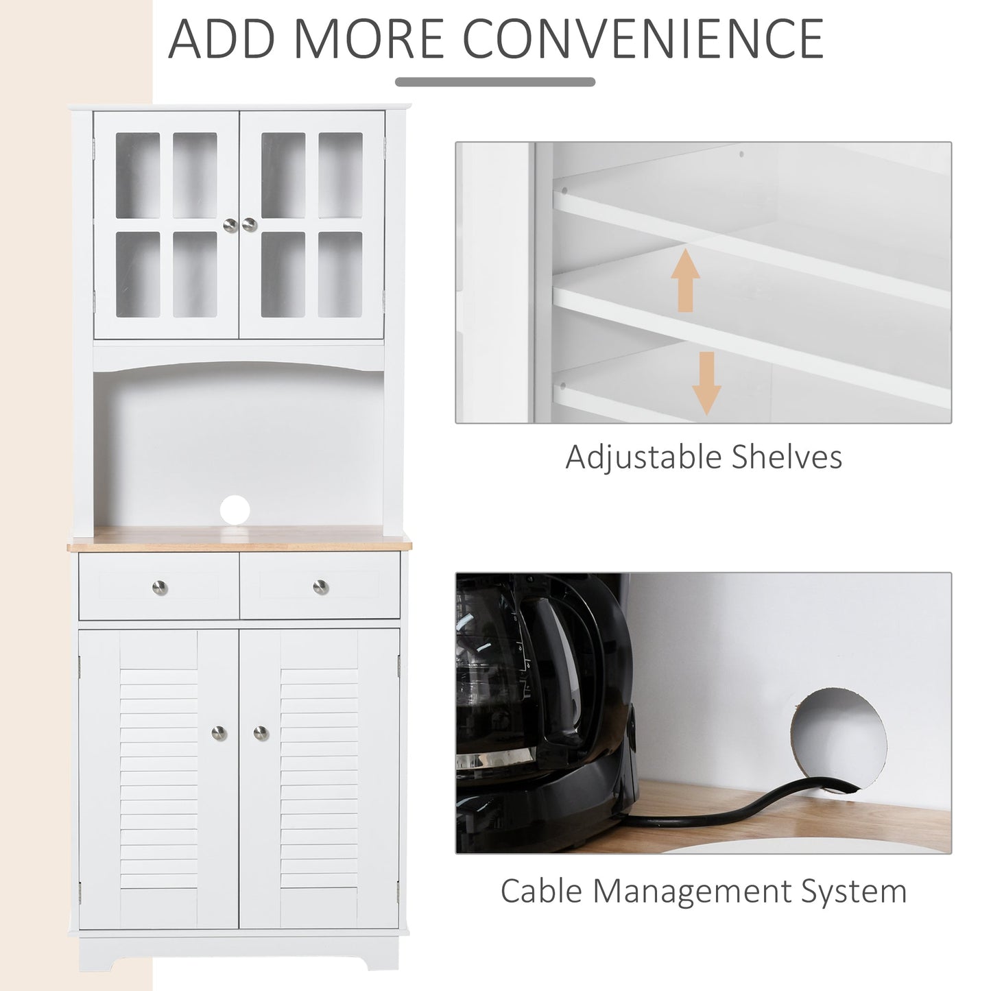 Modern Kitchen Cupboard, Louvered Kitchen Storage Cabinet with Framed Glass Doors and 2 Drawers, White-4