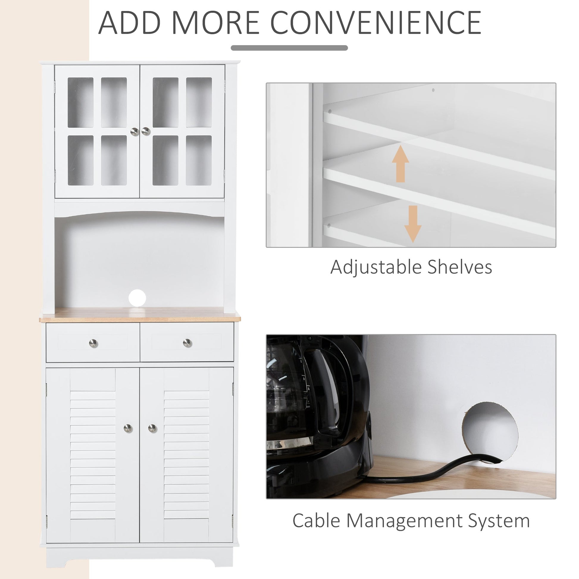 Modern Kitchen Cupboard, Louvered Kitchen Storage Cabinet with Framed Glass Doors and 2 Drawers, White-4