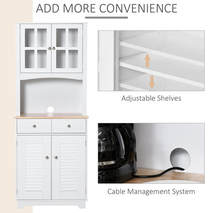 Modern Kitchen Cupboard, Louvered Kitchen Storage Cabinet with Framed Glass Doors and 2 Drawers, White-4