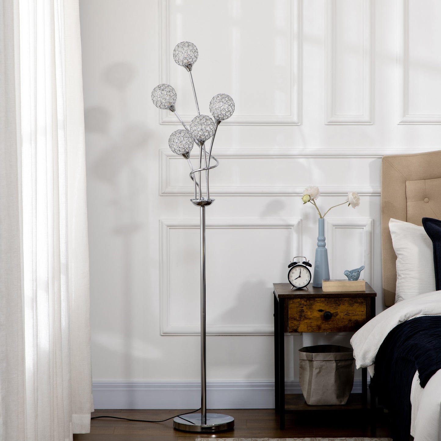 Crystal Floor Standing Lamp with 5-Light , Floor Lights for Living Room & Bedroom, Modern Silver Design, Silver | HOMCOM-4