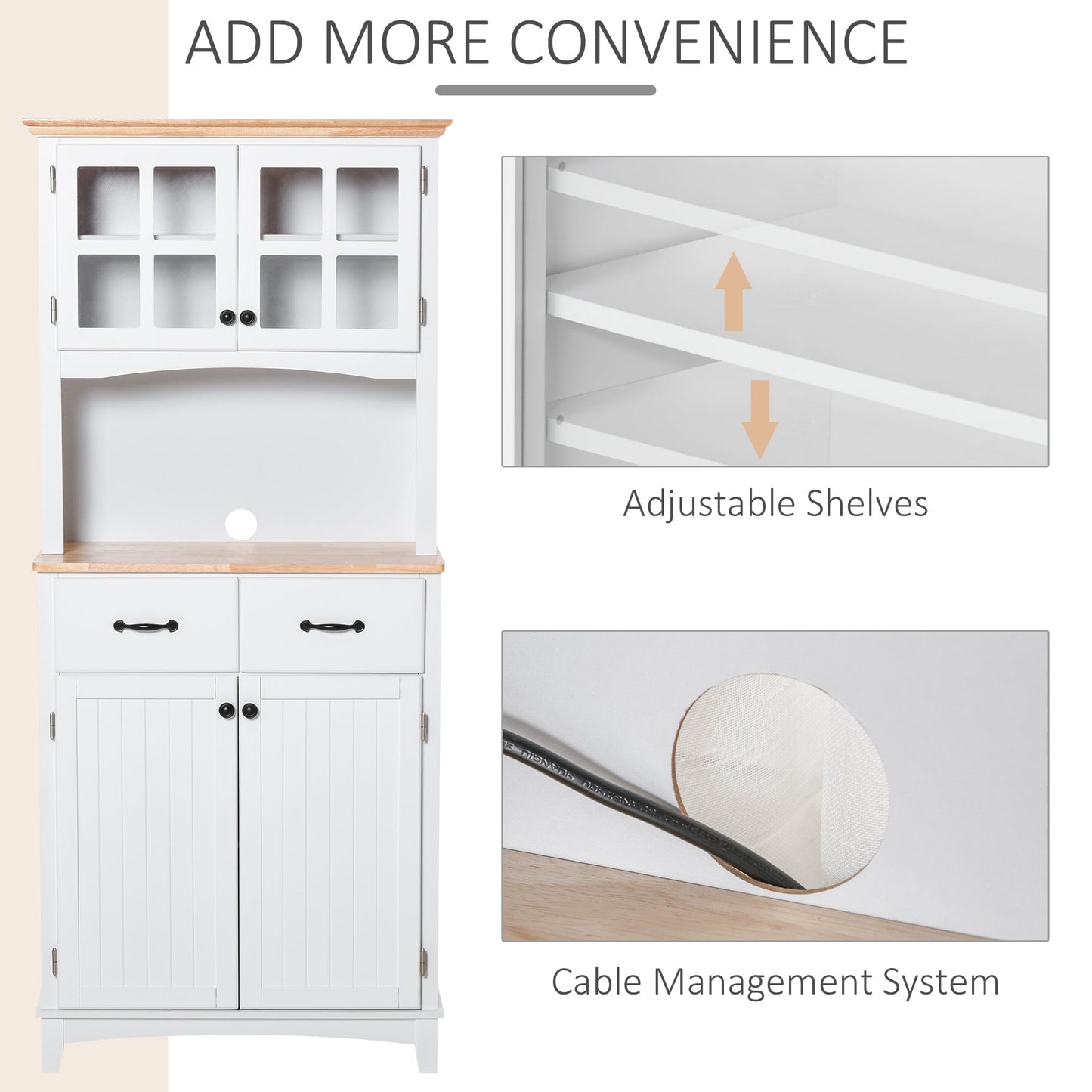 Freestanding Kitchen Cupboard, Kitchen Storage Cabinet with Framed Glass Doors, 2 Drawers, Microwave Counter, White-4