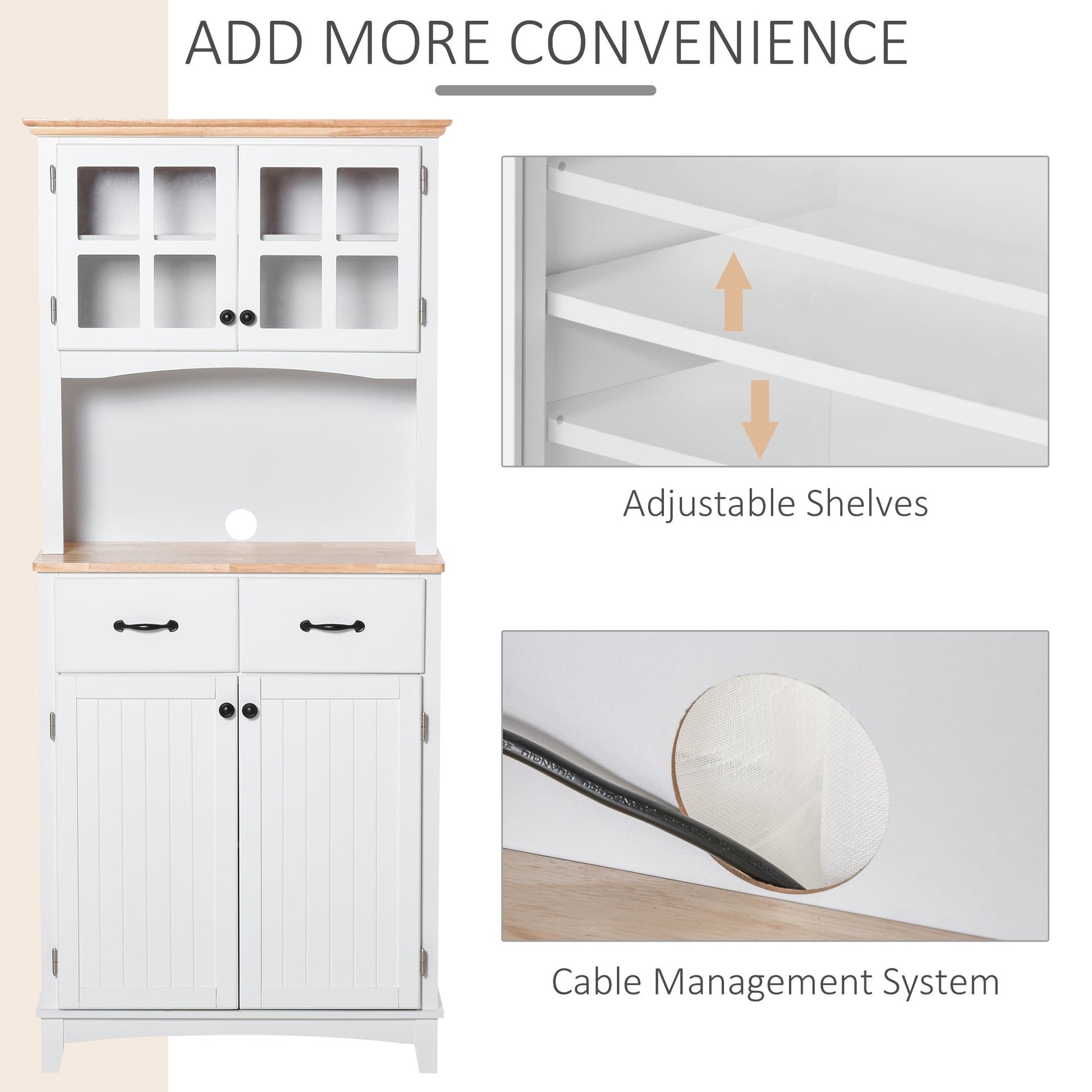 Freestanding Kitchen Cupboard, Kitchen Storage Cabinet with Framed Glass Doors, 2 Drawers, Microwave Counter, White-4
