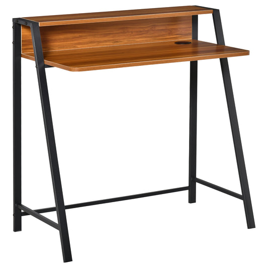 Two-Tier Computer Desk, Home Office Writing Study Table with Storage Shelf, PC Laptop Desk Gaming Workstation, Walnut-0