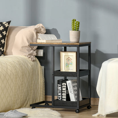 Mobile Sofa Side Table C-Shaped Rolling Couch Table with 3-Tier Storage Shelving Four Lockable Wheels Steel Frame - Brown-1