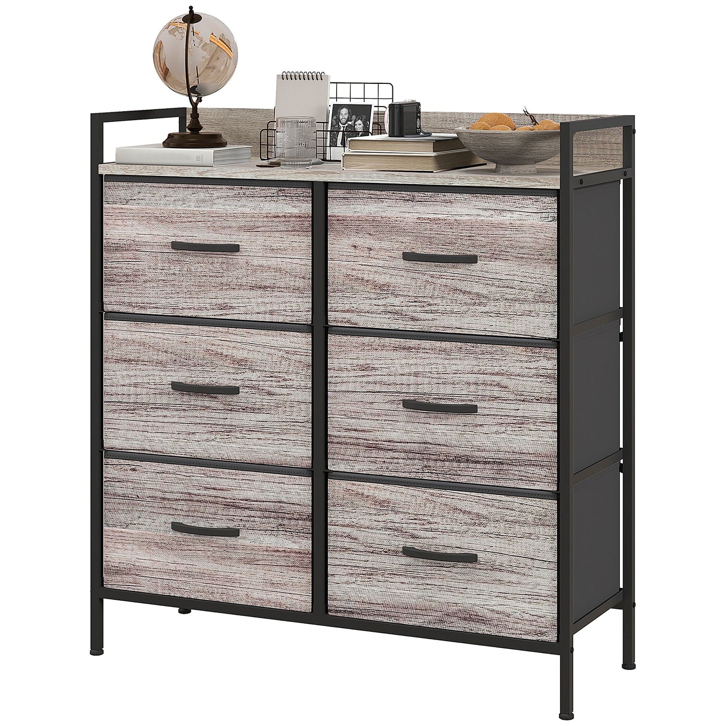 Rustic Chest of Six Fabric Drawers - Grey Wood Effect-0