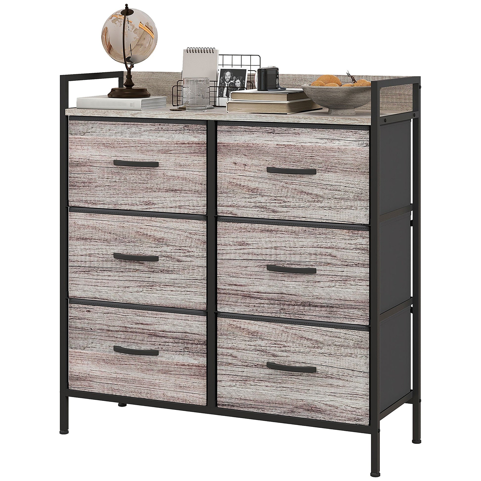Rustic Chest of Six Fabric Drawers - Grey Wood Effect-0