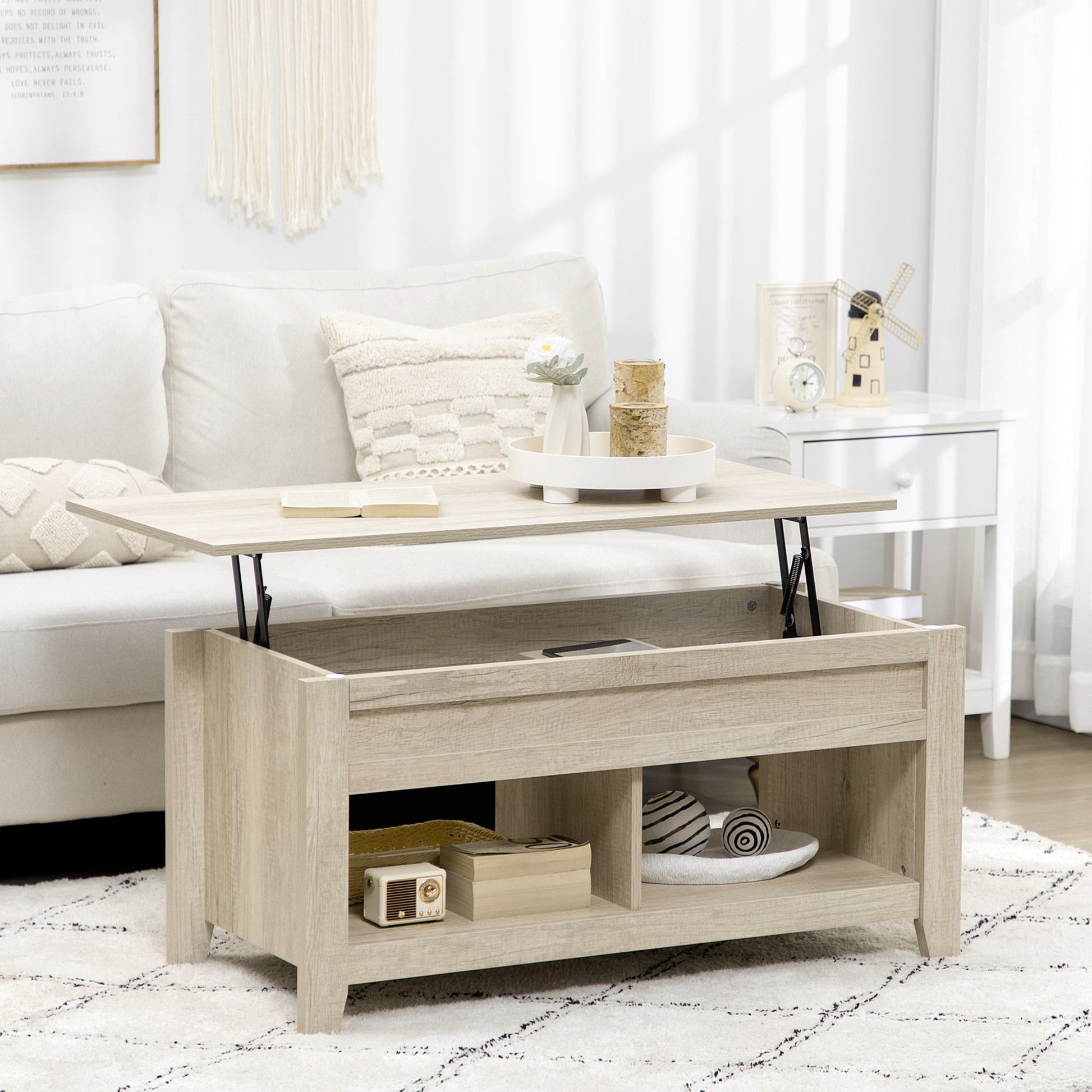 Lift Top Coffee Table w/ Hidden Storage Compartment Open Shelves Lift Tabletop Pop Up Centre Table for Living Room Oak Effect-1