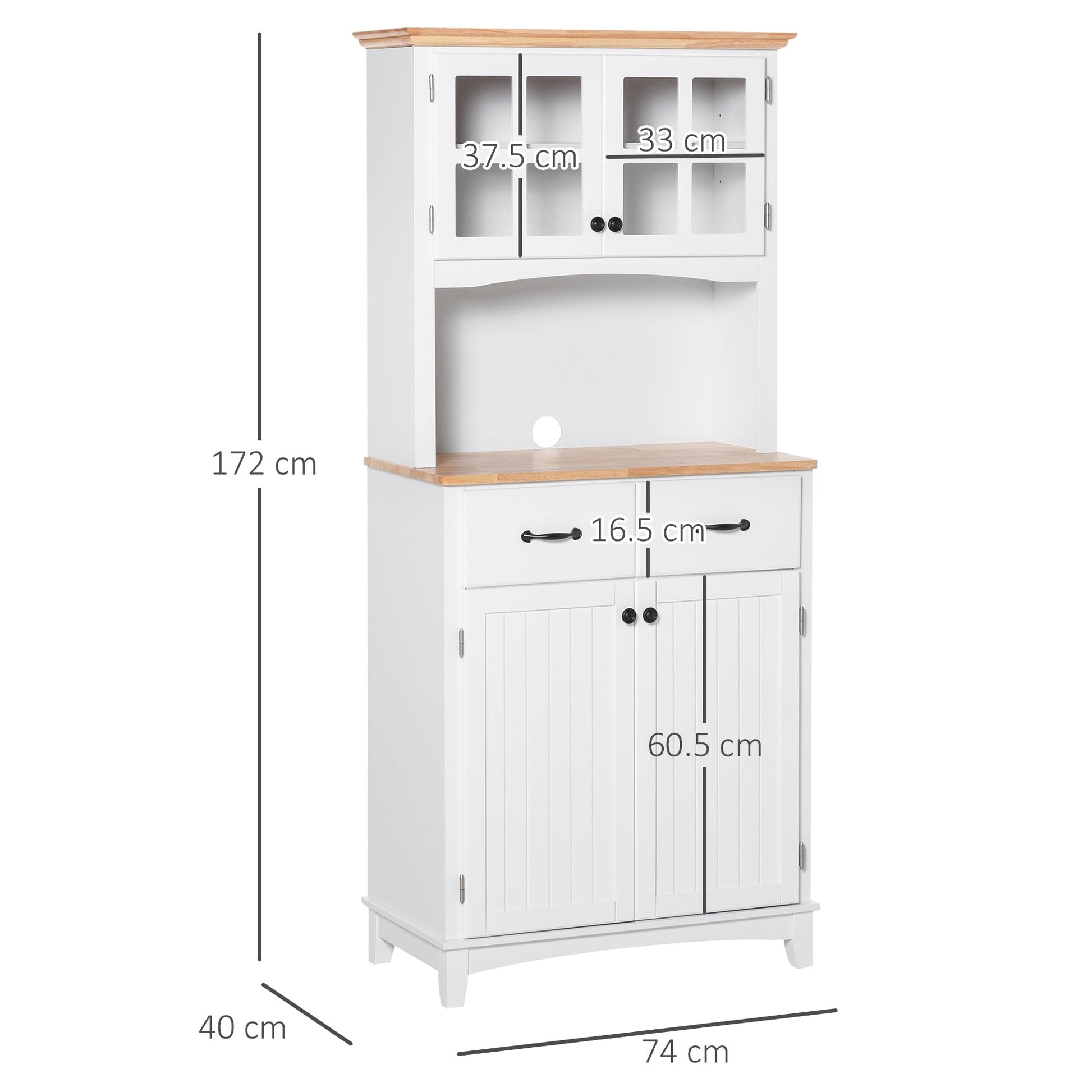 Freestanding Kitchen Cupboard, Kitchen Storage Cabinet with Framed Glass Doors, 2 Drawers, Microwave Counter, White-2