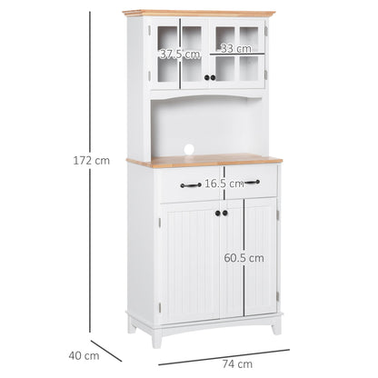 Freestanding Kitchen Cupboard, Kitchen Storage Cabinet with Framed Glass Doors, 2 Drawers, Microwave Counter, White-2