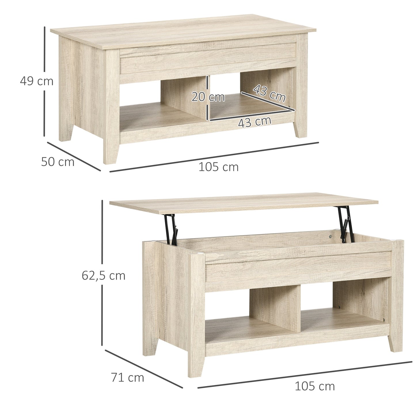Lift Top Coffee Table w/ Hidden Storage Compartment Open Shelves Lift Tabletop Pop Up Centre Table for Living Room Oak Effect-3