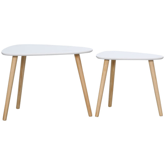 Modern Side Table Set of 2, Triangular Nest of Tables, End Table with Solid Wood Legs, for Living Room Bedroom, White-0