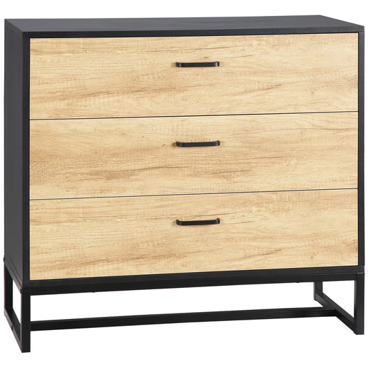 Drawer Chest, 3-Drawer Storage Cabinet Organiser with Steel Frame for Bedroom, Living Room, 80cmx35cmx75cm, Natural-0