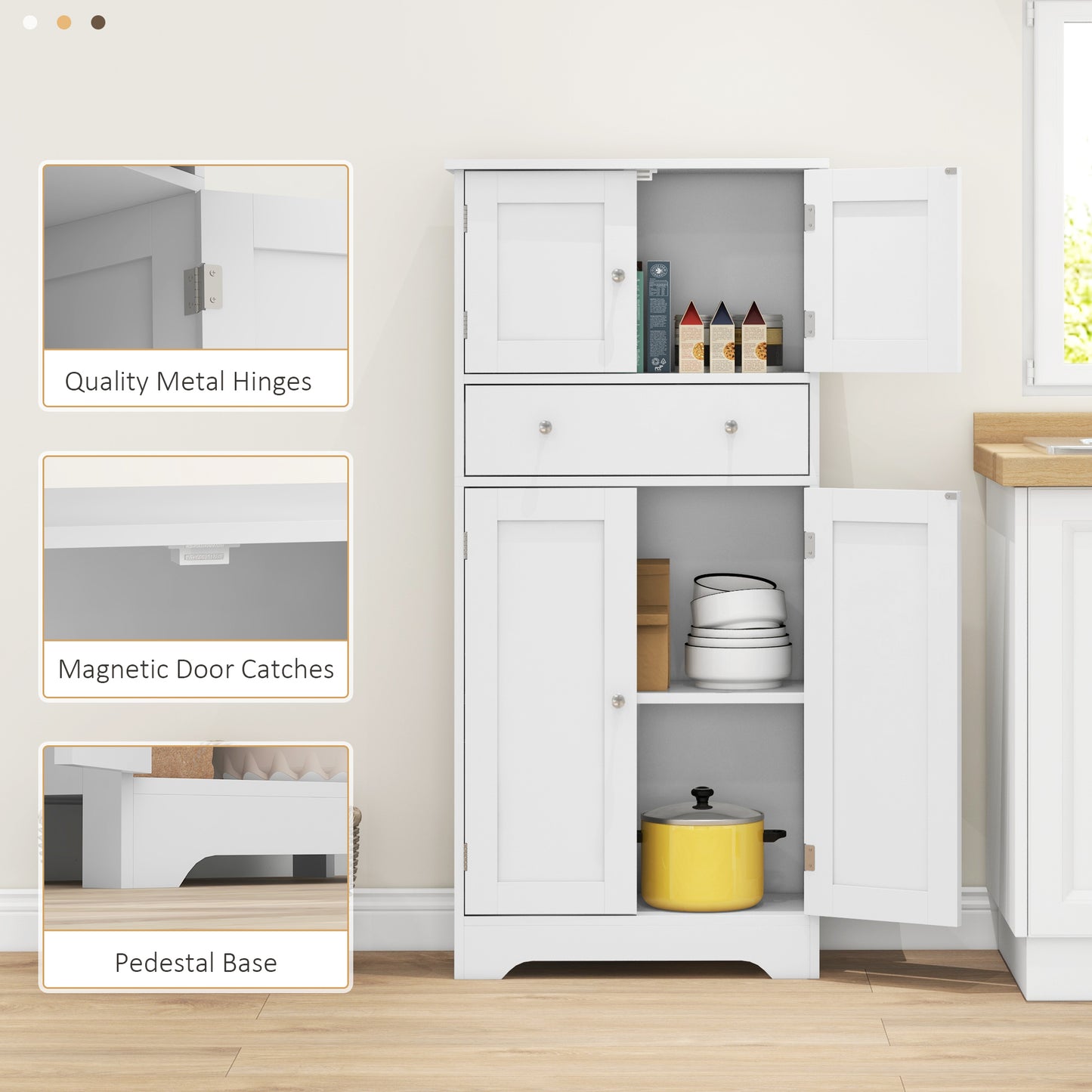 White Modern Kitchen Cupboard, Freestanding Kitchen Storage Cabinet with Doors and Shelves, Kitchen Cabinet with Drawer and Adjustable Shelf by HOMCOM-6