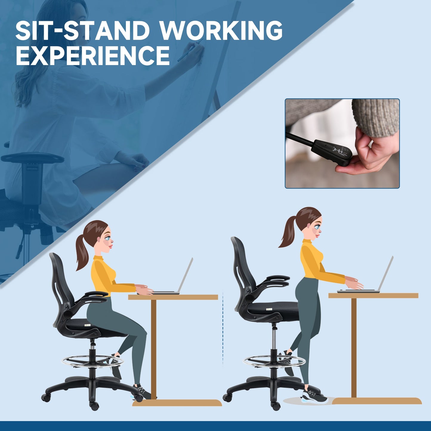 Adjustable Standing Desk Chair with Flip-up Armrests Lumbar Support Armrests Adjustable Footrest Ring Black-4