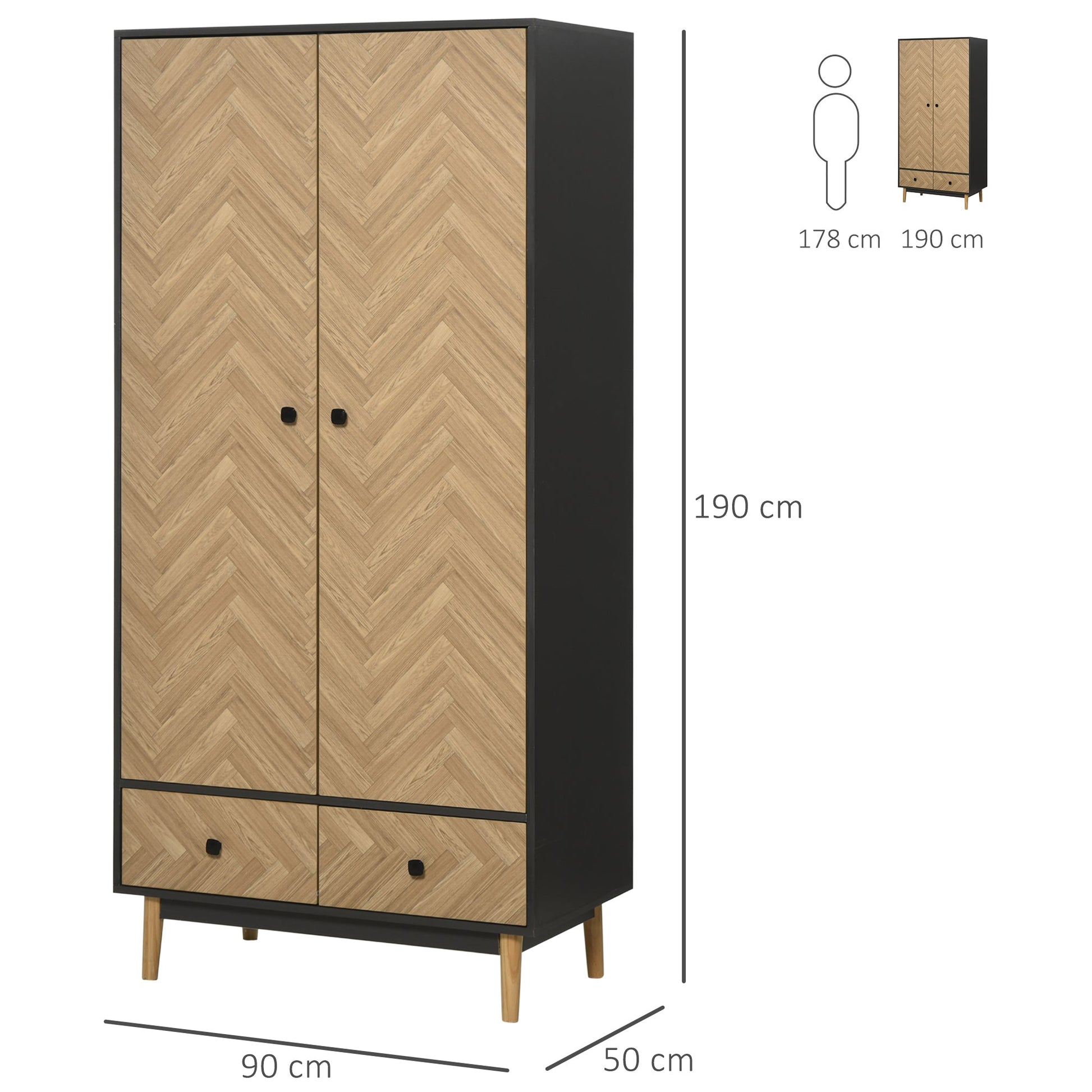 Modern Wardrobe Cabinet Wood Grain Sticker Surface with Shelf, Hanging Rod and 2 Drawers 90x50x190cm-2