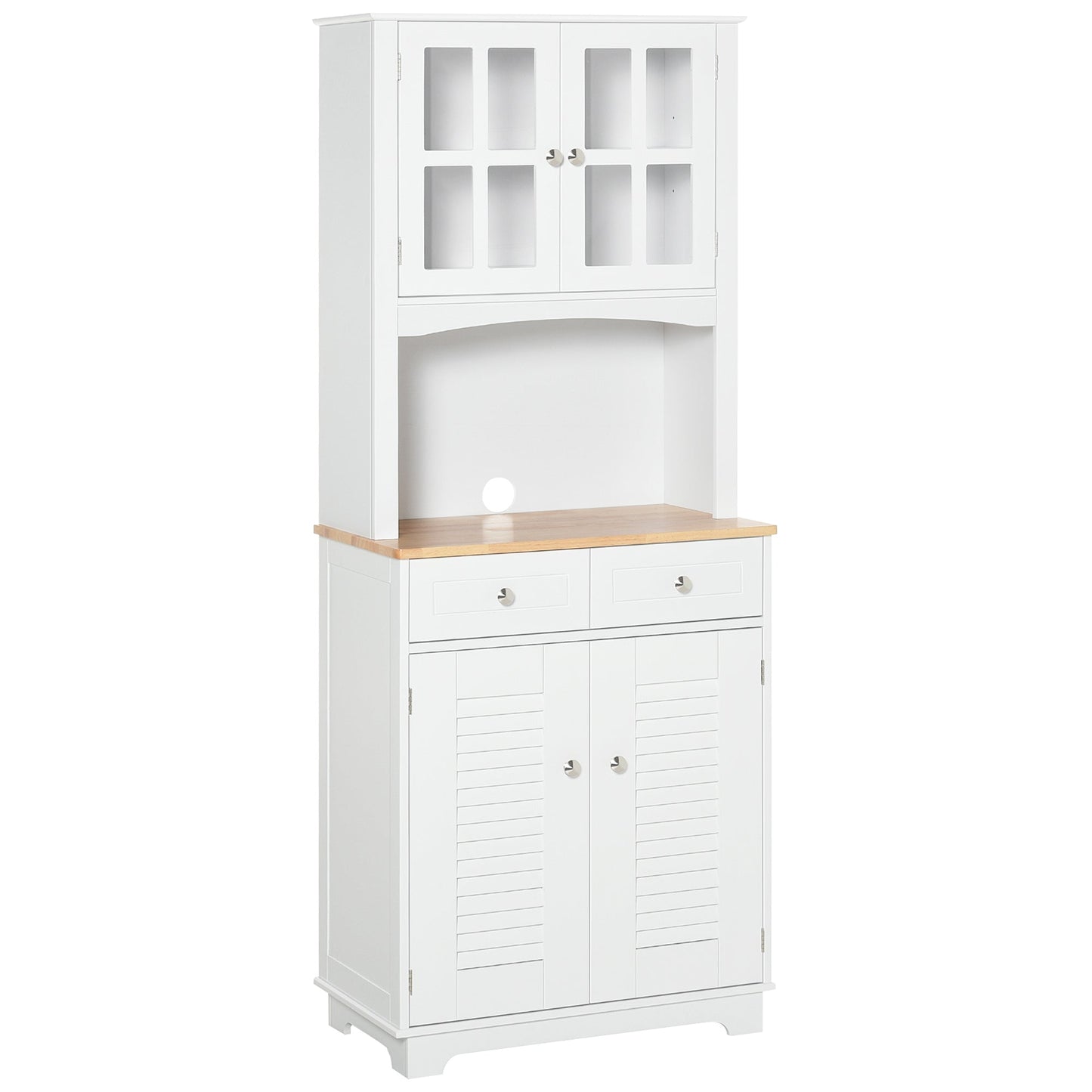 Modern Kitchen Cupboard, Louvered Kitchen Storage Cabinet with Framed Glass Doors and 2 Drawers, White-1