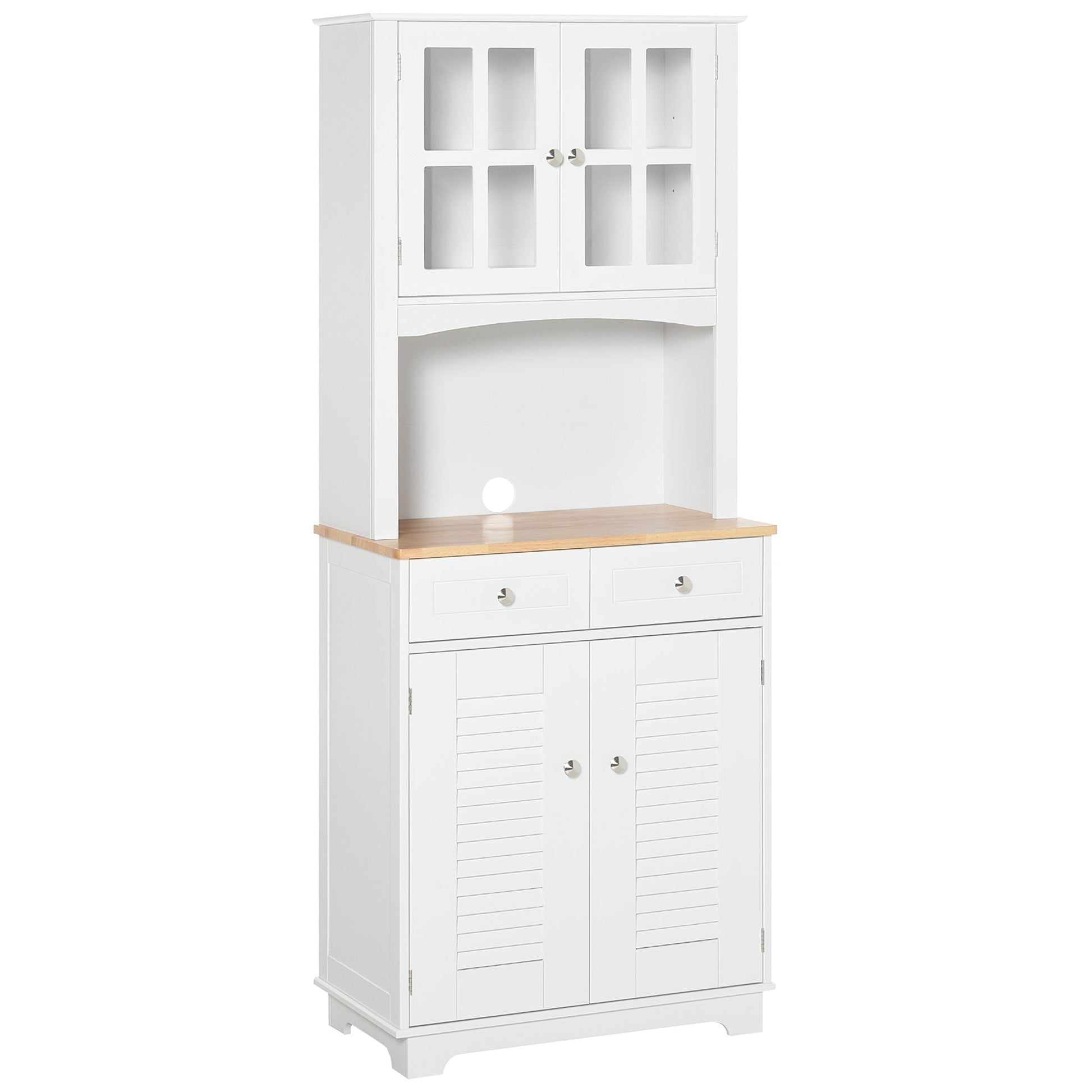 Modern Kitchen Cupboard, Louvered Kitchen Storage Cabinet with Framed Glass Doors and 2 Drawers, White-1