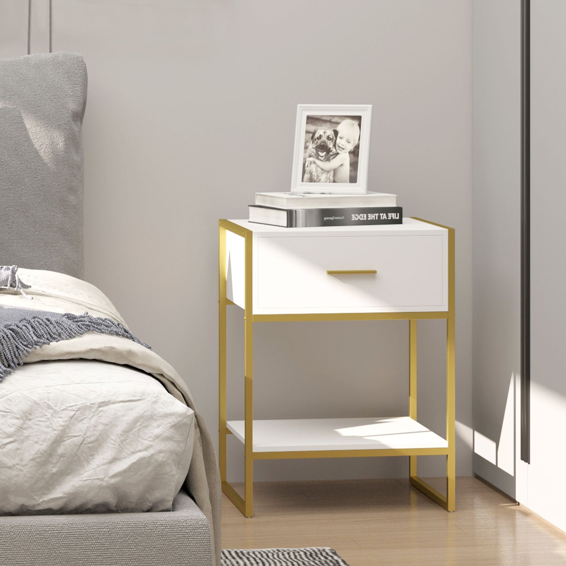 Modern Bedside Table, Bedside Cabinet with Drawer Shelf, Storage Organizer for Bedroom, Living Room, White and Gold-1