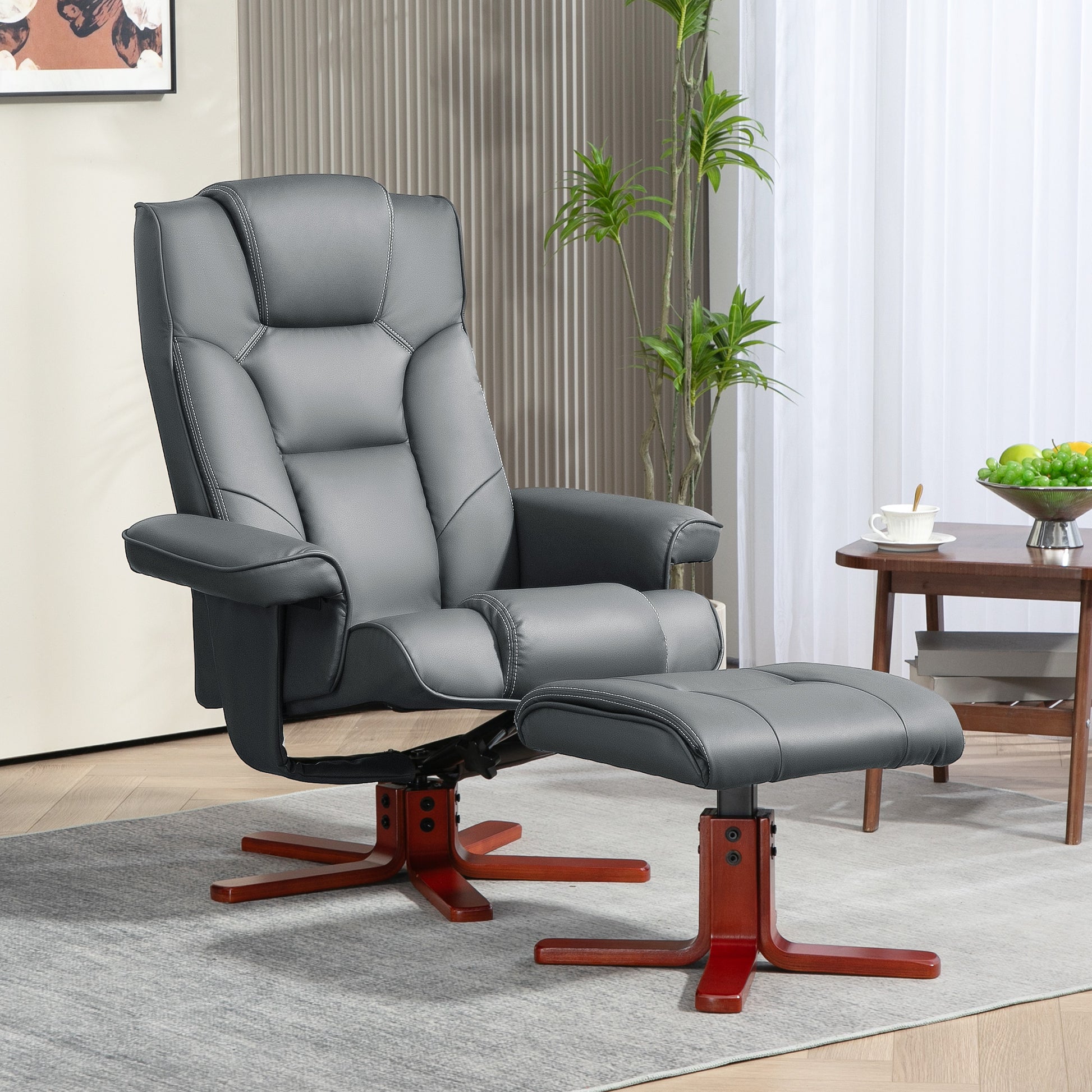 HOMCOM Faux Leather Manual Recliner and Footstool Set in Grey-8