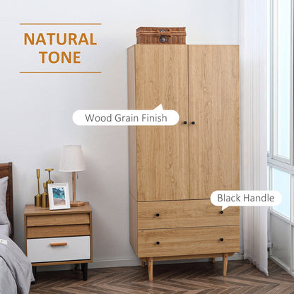Wardrobe with 2 Doors, 2 Drawers, Hanging Rail for Bedroom Clothes Storage Organiser, 80x52x180cm, Natural Tone-3