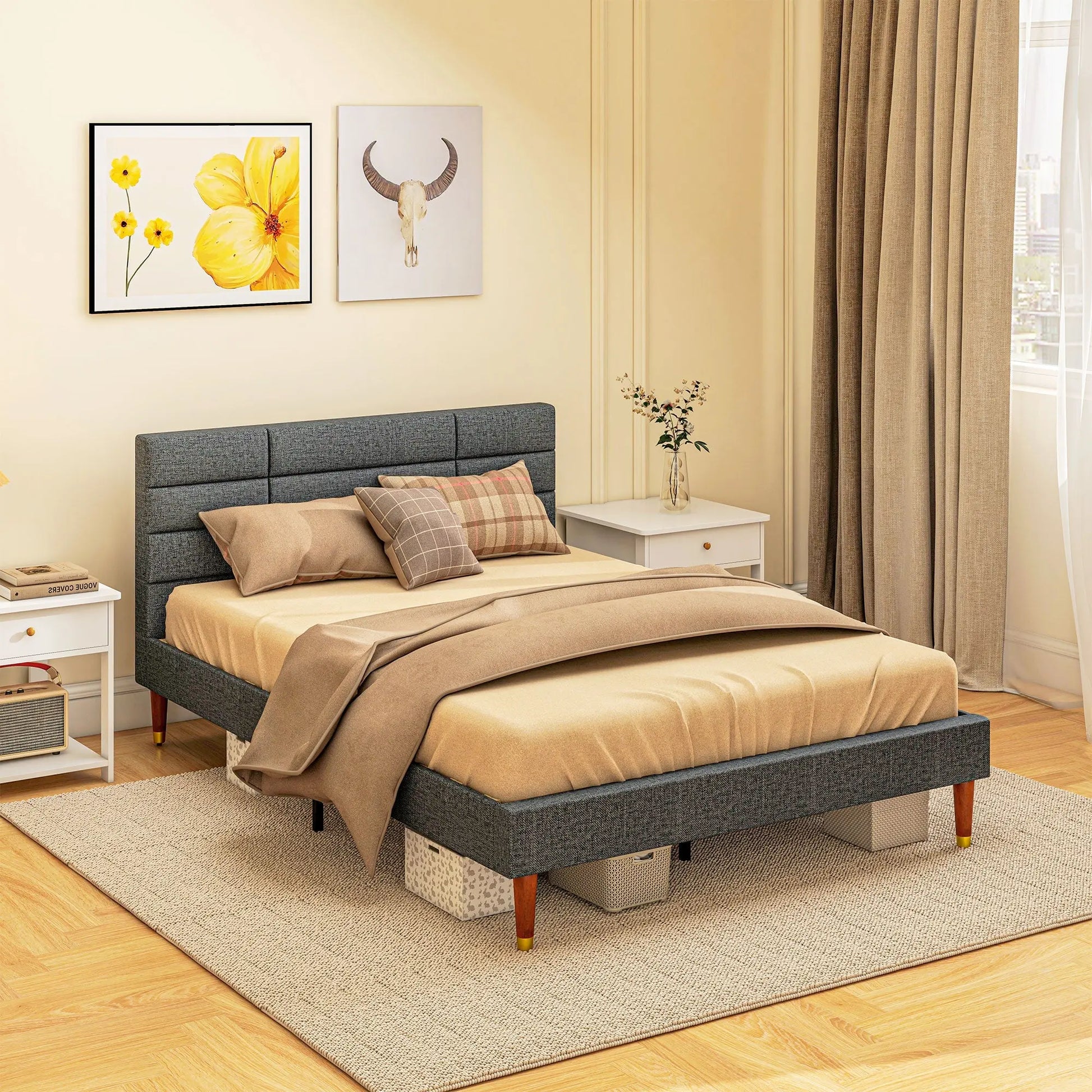 Upholstered Double Bed Frame, with Slats - Grey-1