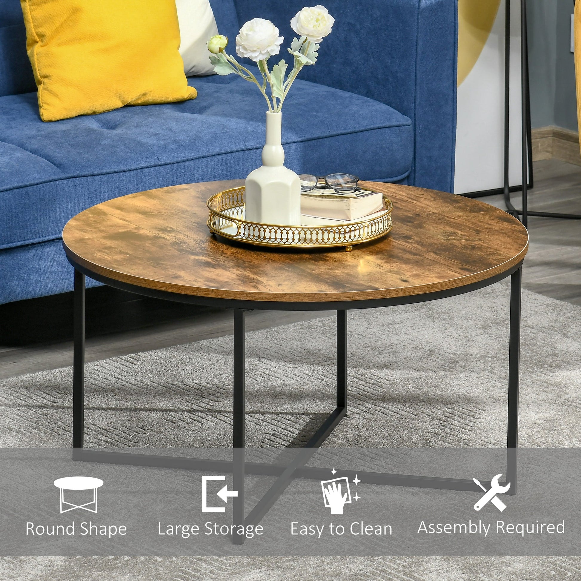 Coffee Table, Industrial Round Side Table with Metal Frame, Large Tabletop for Living Room, Bedroom, Rustic Brown-4