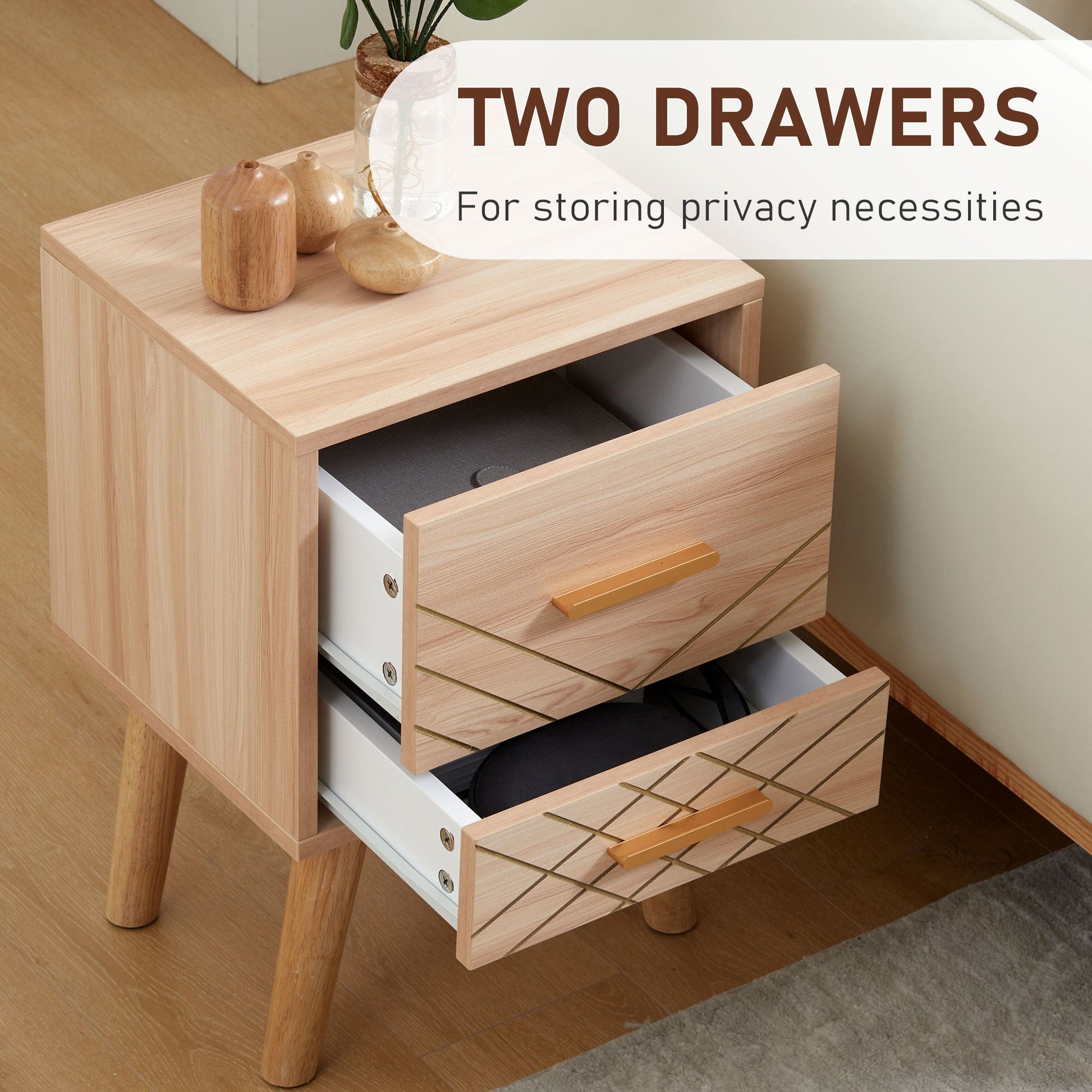 Bedside Cabinet, Scandinavian Bedside Table with Drawers, Bed Side Table with Wood Legs, Natural-4