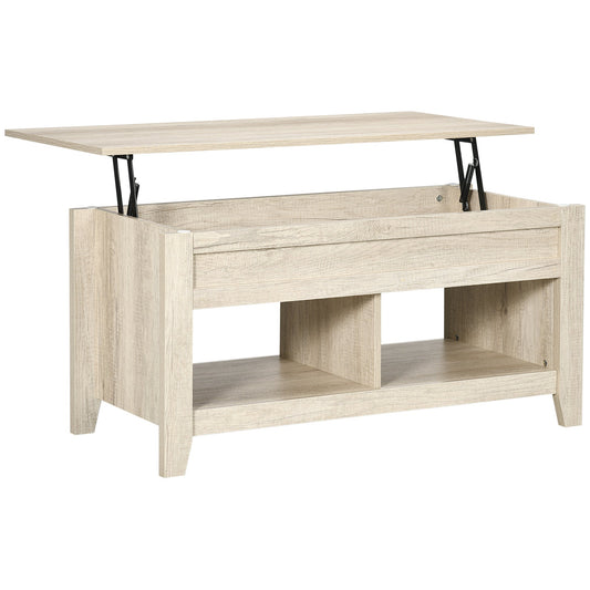 Lift Top Coffee Table w/ Hidden Storage Compartment Open Shelves Lift Tabletop Pop Up Centre Table for Living Room Oak Effect-0