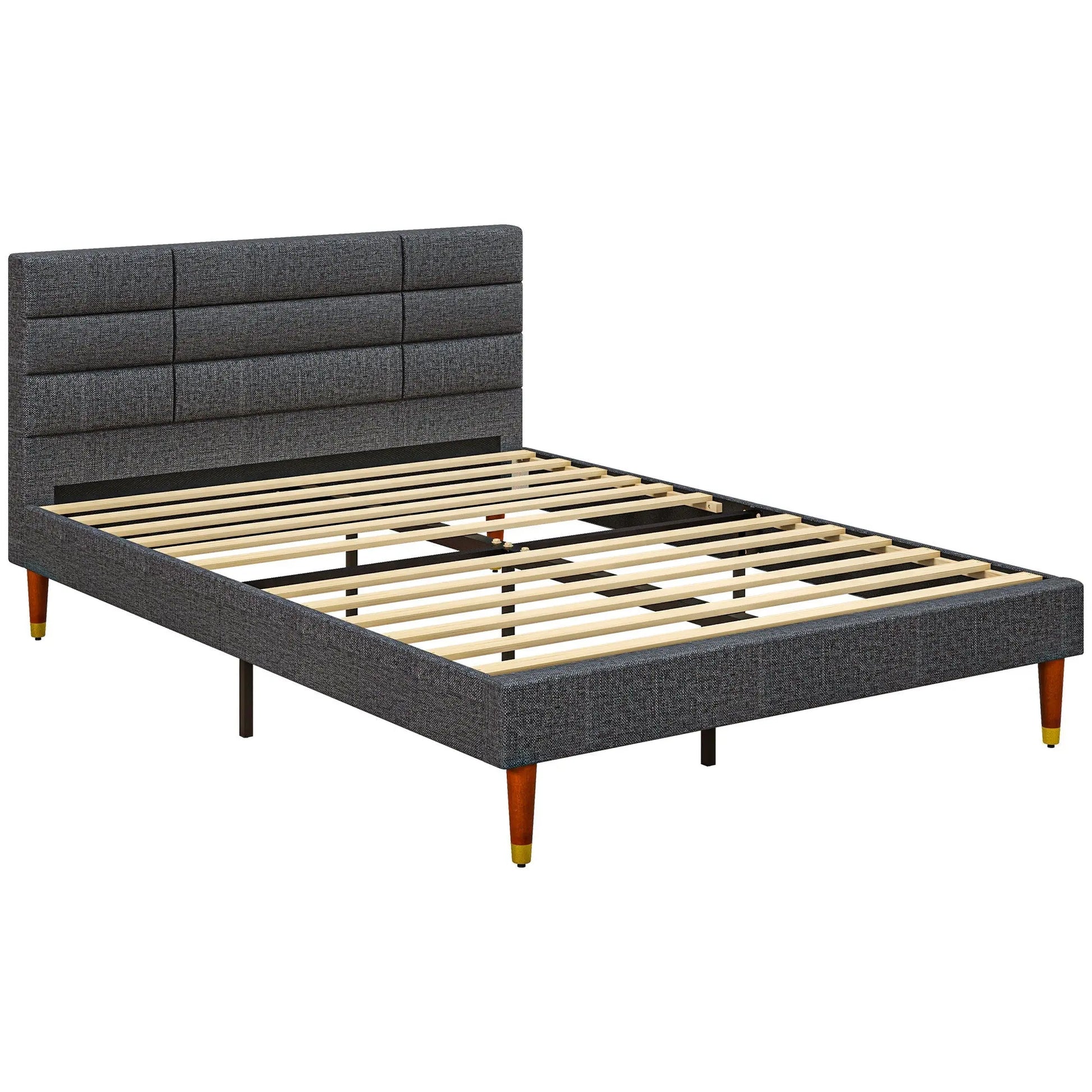 Upholstered Double Bed Frame, with Slats - Grey-0
