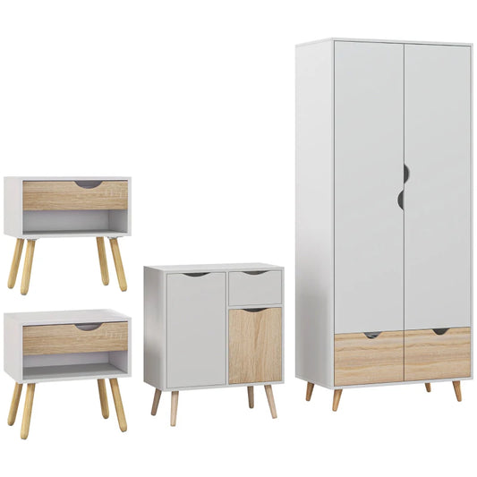 HOMCOM Bedroom Furniture Set, Wardrobe with Hanging Rail, Bedside Table, Floor Cabinet with Storage, Nature Wood Finish and White-0